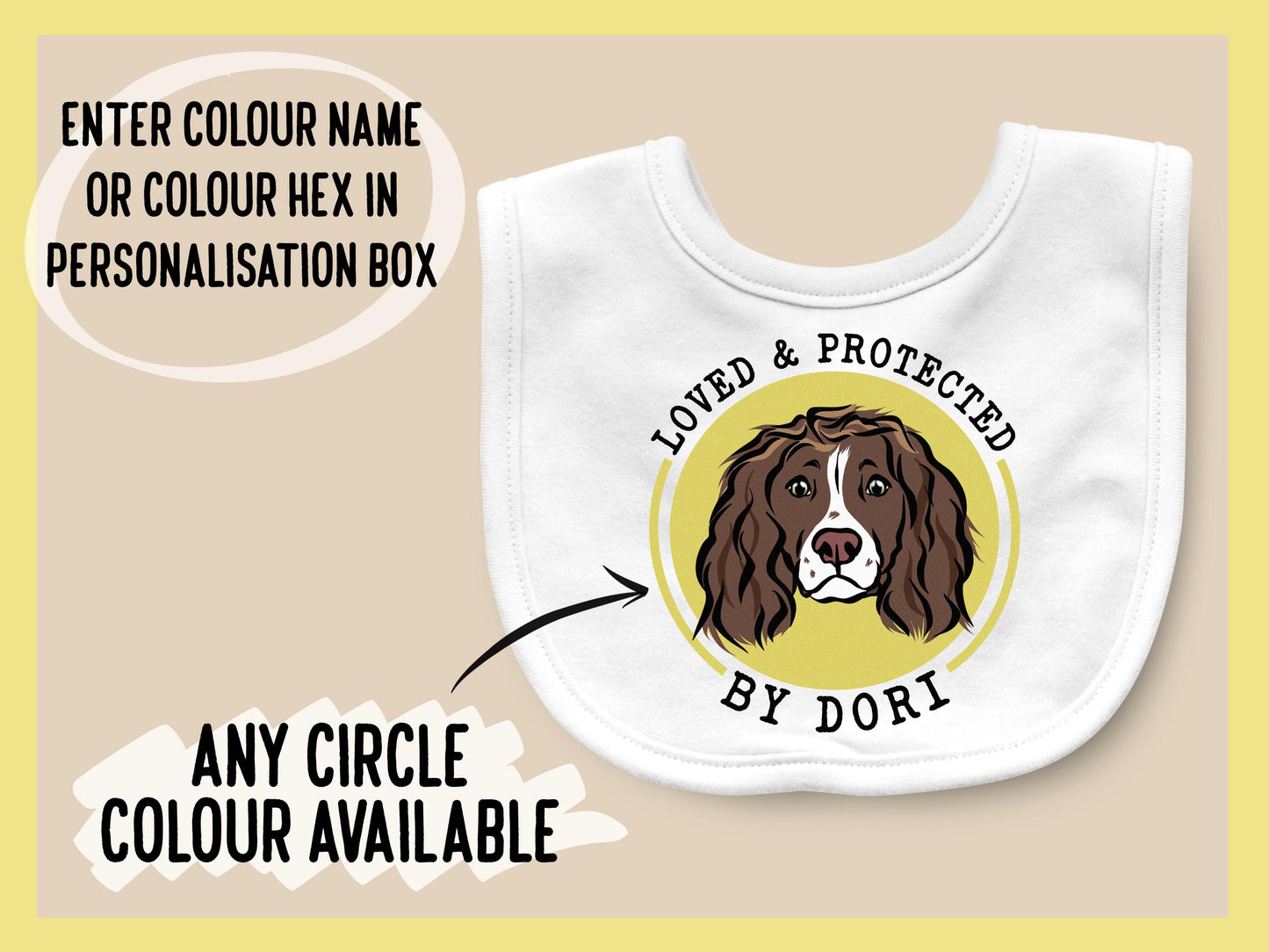 Working Cocker Spaniel Baby Bib/ Custom Working Cocker Baby Burb Cloth/ Personalised Spaniel Dog Name Baby Bib/ New Mum Baby Shower Present