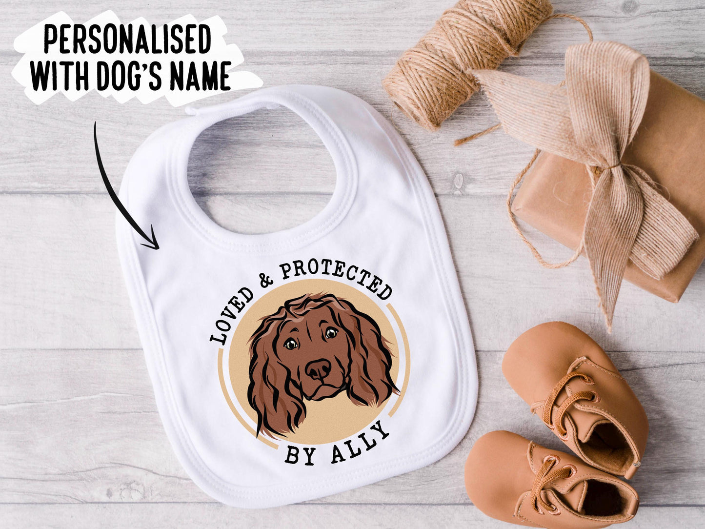 Working Cocker Spaniel Baby Bib/ Custom Working Cocker Baby Burb Cloth/ Personalised Spaniel Dog Name Baby Bib/ New Mum Baby Shower Present