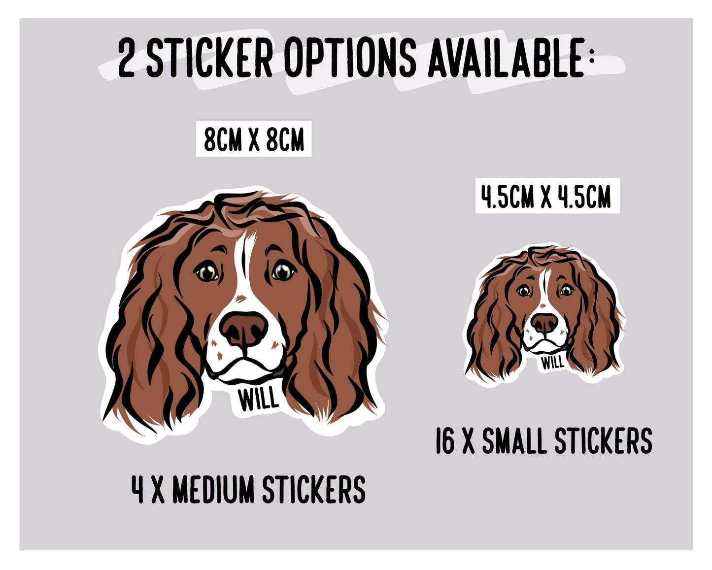Working Cocker Spaniel Stickers/ Custom Working Cocker Face Die Cut Stickers/ Pet Owner Name Laptop Stickers/ Dog Lover Sticker Decal Pack