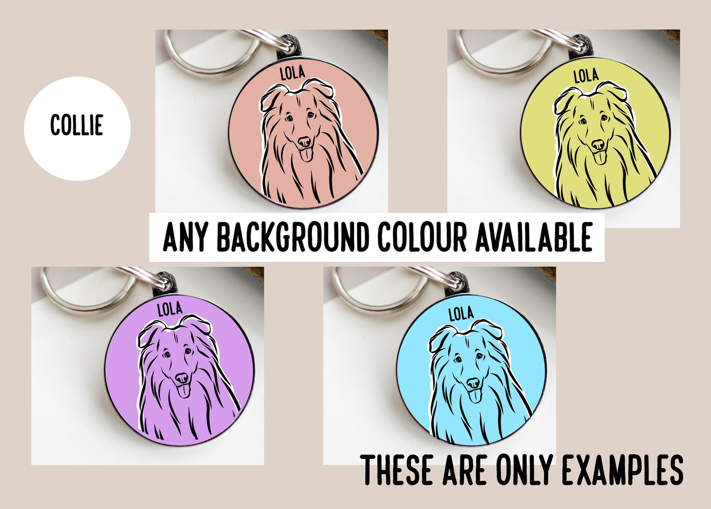 Collie Outline ID Tag/ Personalised Circle ID Dog Tag/ Customised Dog Breed Charm/ Trendy Collie Owner Gift/ Keepsake Collie Lover Gift