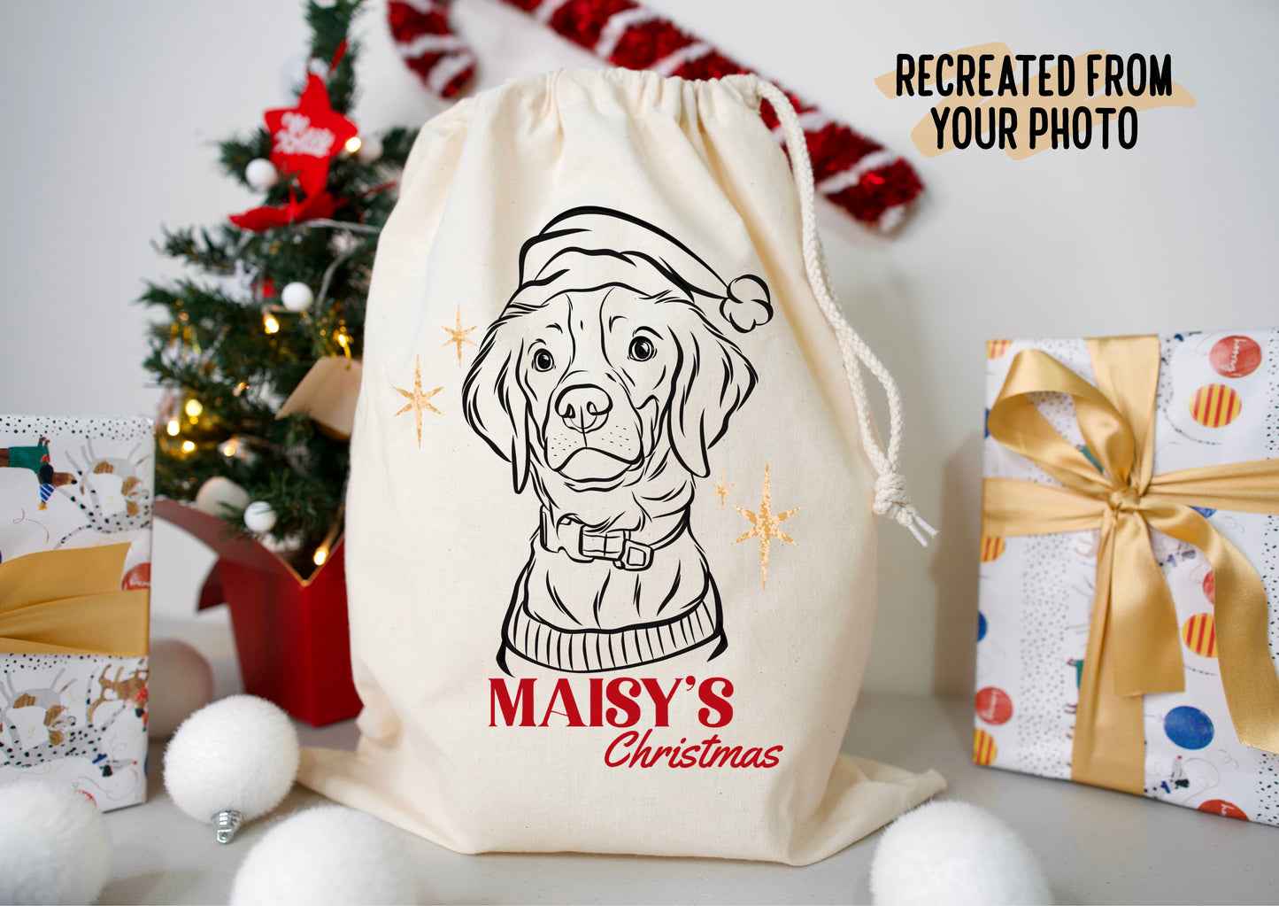 Pet Portrait Christmas Sack (Beige)