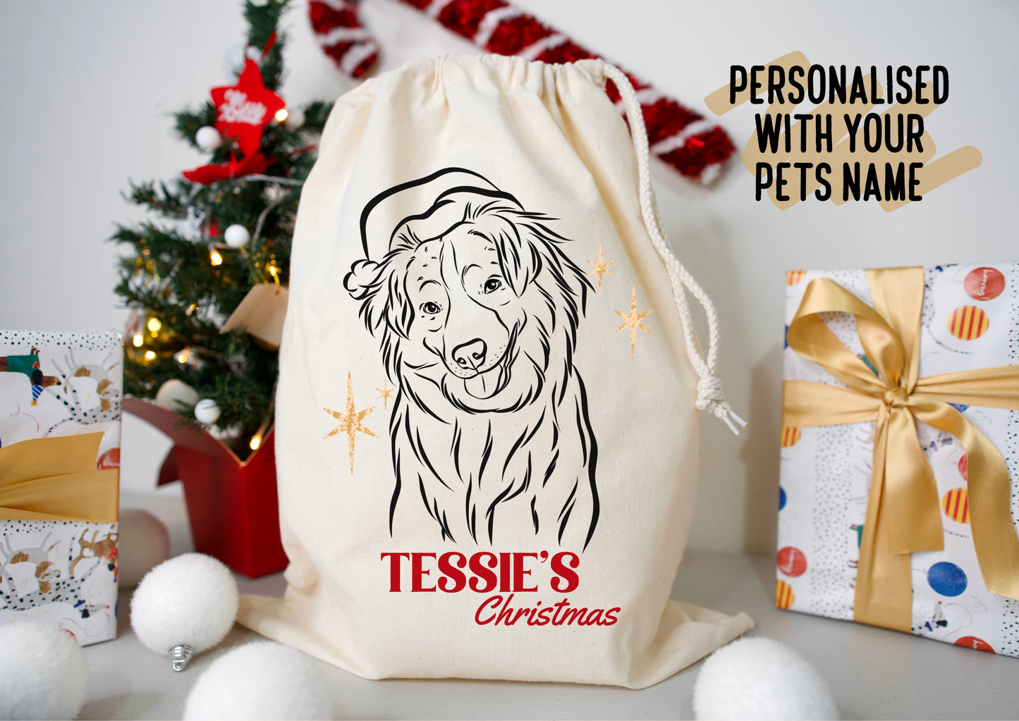 Pet Portrait Christmas Sack (Beige)