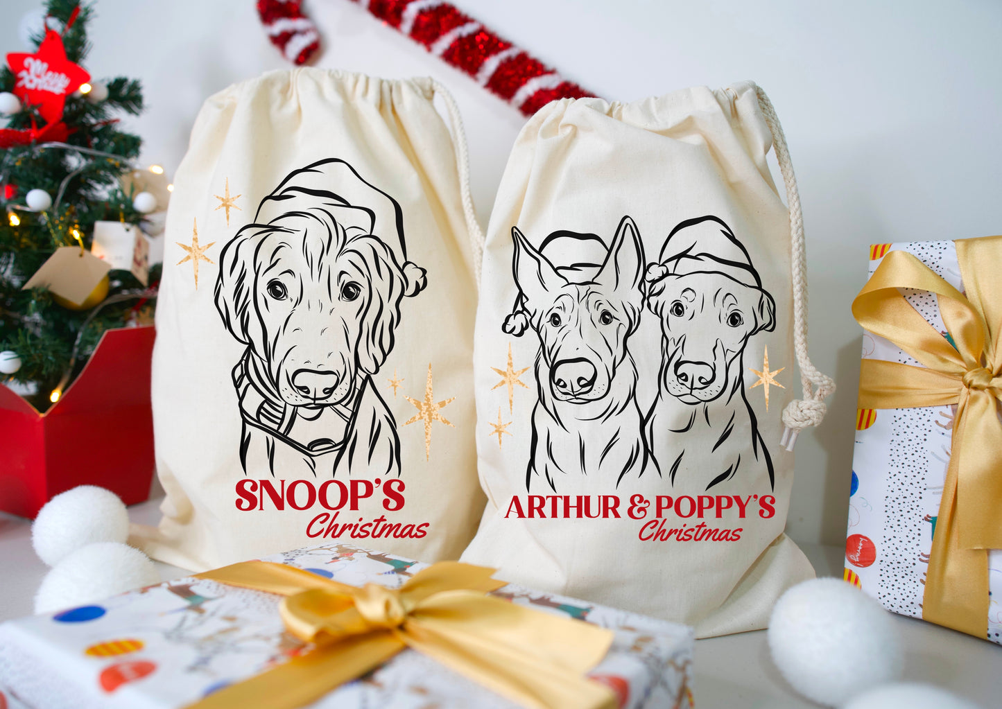 Pet Portrait Christmas Sack (Beige)