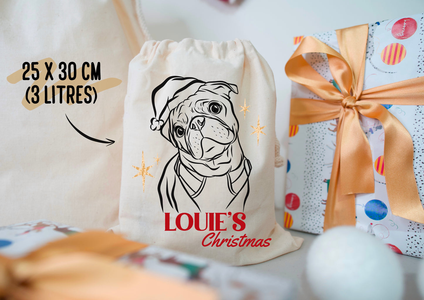 Pet Portrait Christmas Sack (Beige)